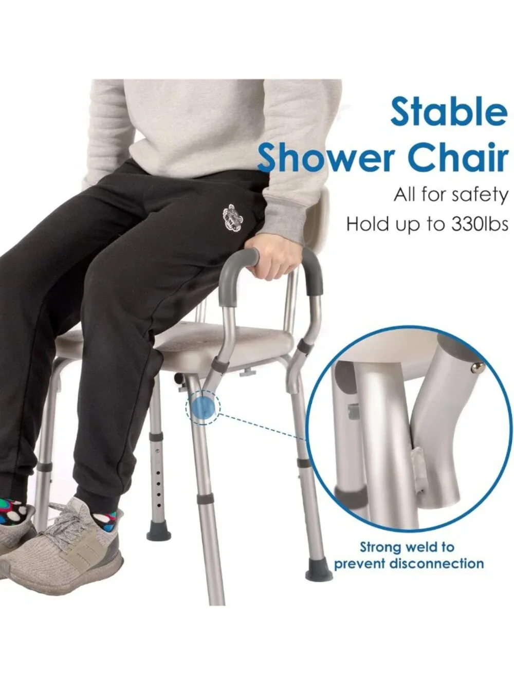Heavy Duty Shower Chair with Arms & Back, 330lbs Capacity, Tool-Free Assembly
